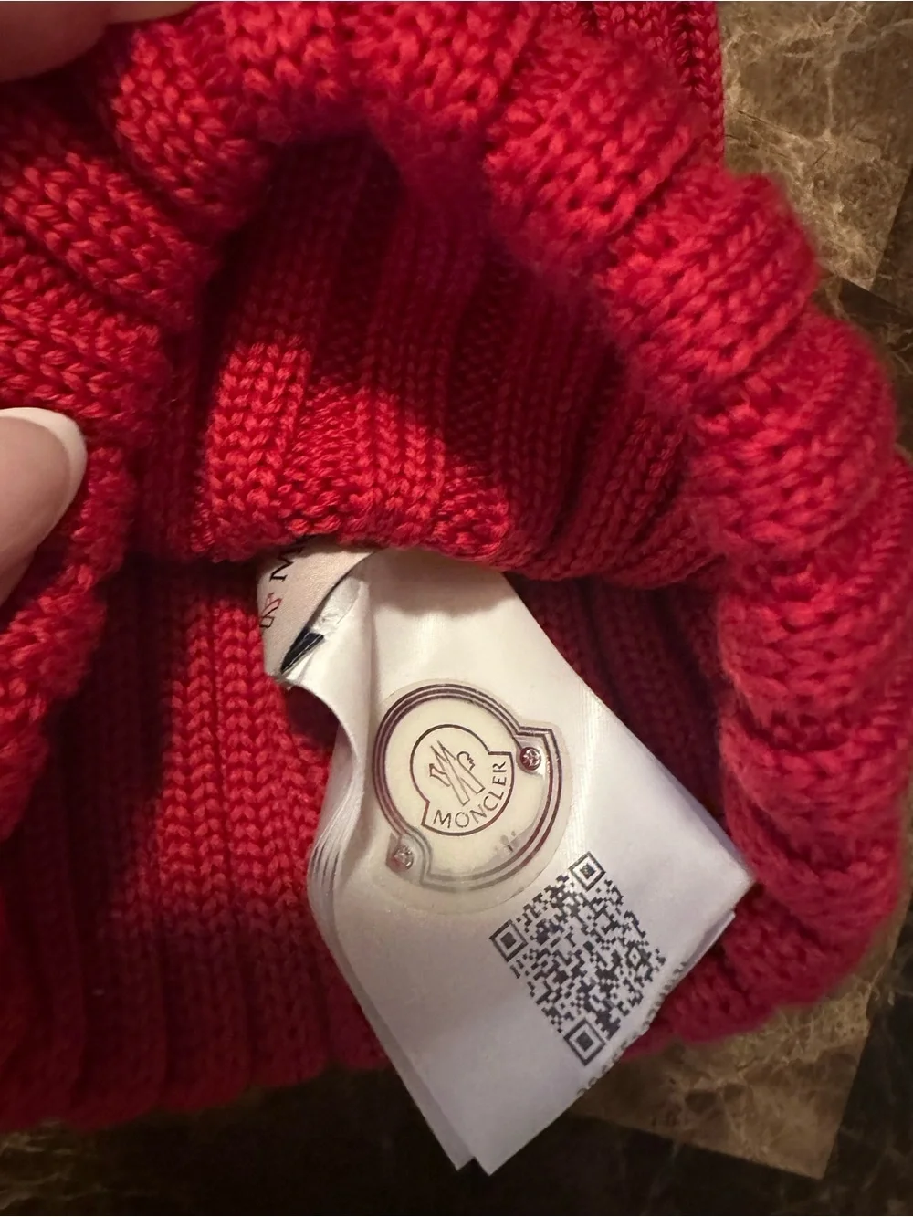 Moncler Red Ribbed Beanie with Pom